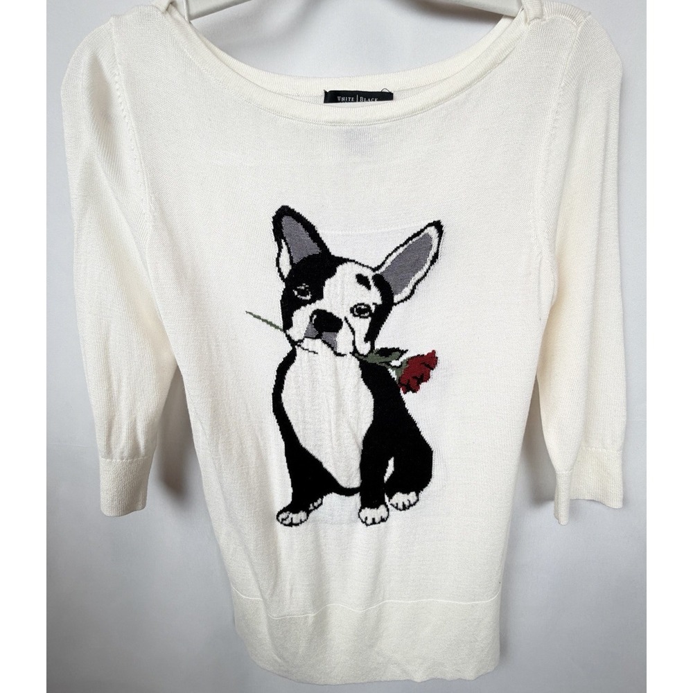 White House Black Market Dog Sweater XS Frenchie or Boston Terrier Rose Knit Top